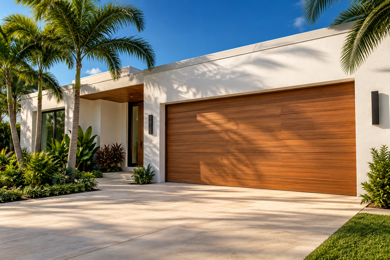 Florida home with a warm wood garage door